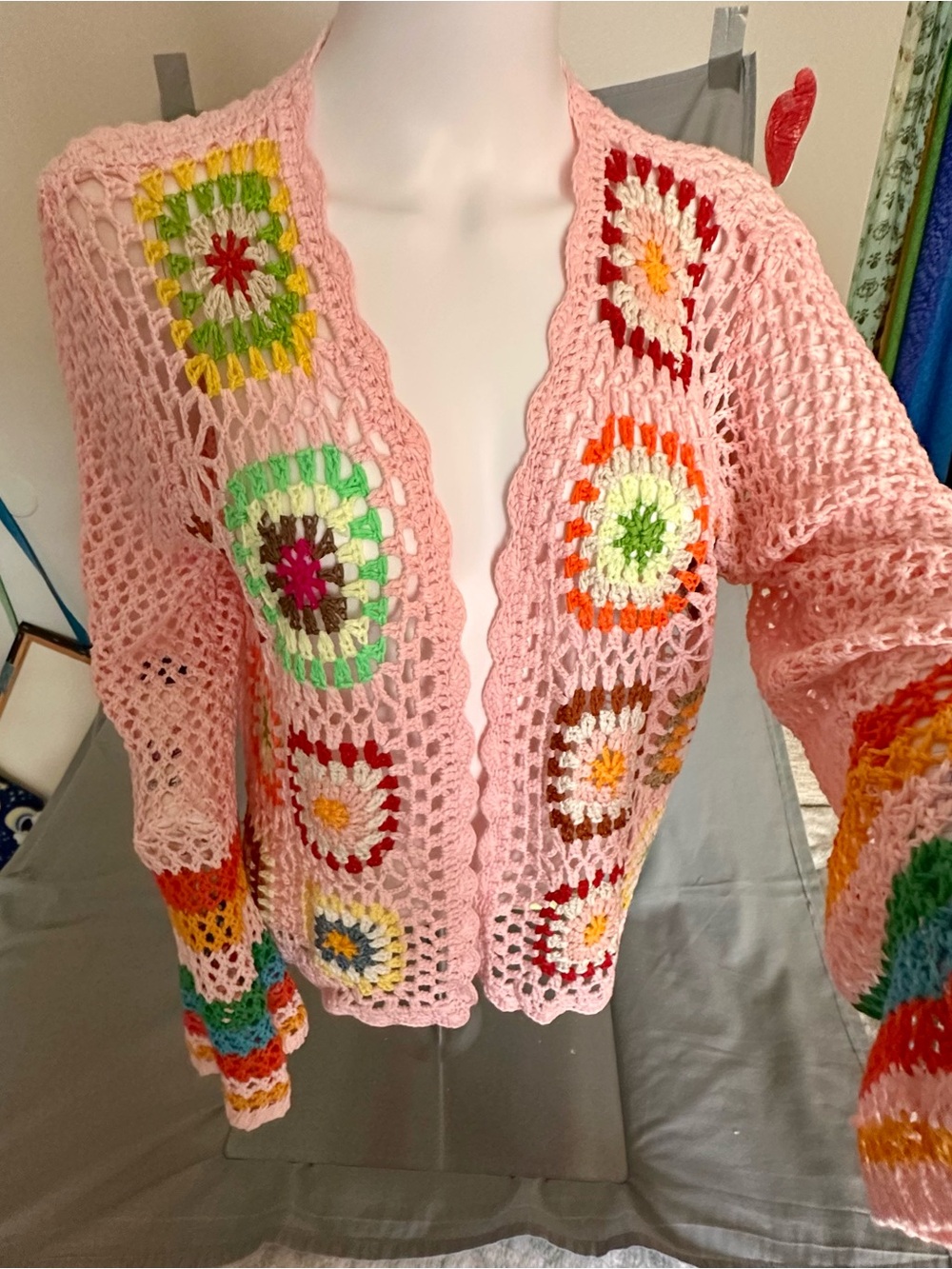 Handmade Pink Crochet Cardigan boho, cottage & craft core & casual Y2K